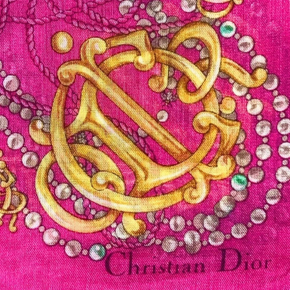 VTG Christian Dior Pink Gold Monogram Logo Pearl Pocket Square Twilly Bag Scarf